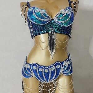 Blue and Green Beaded Women's Swimwear Set